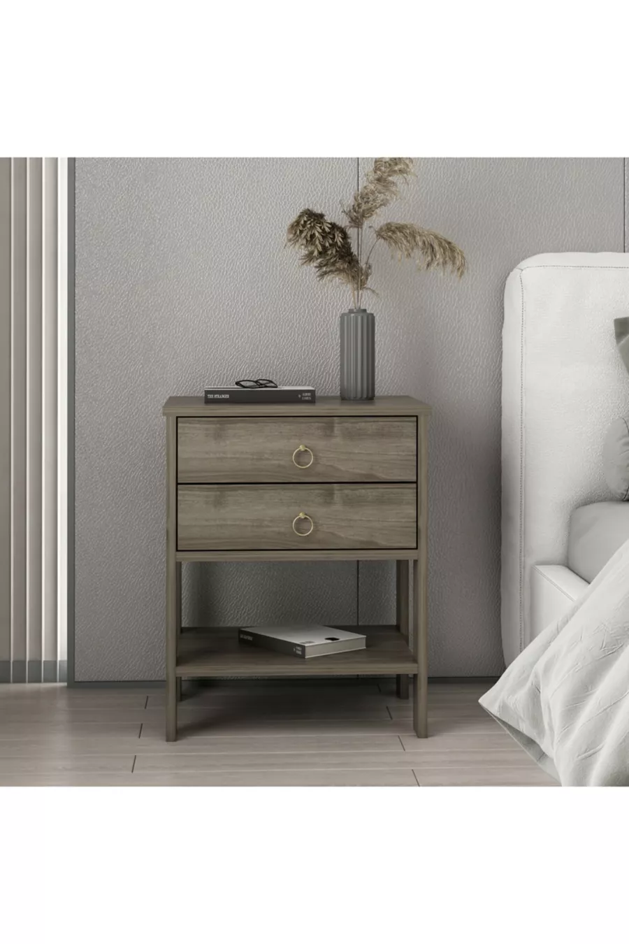 Zen Modern Nachttisch mit 2 Schubladen, Nussbaum