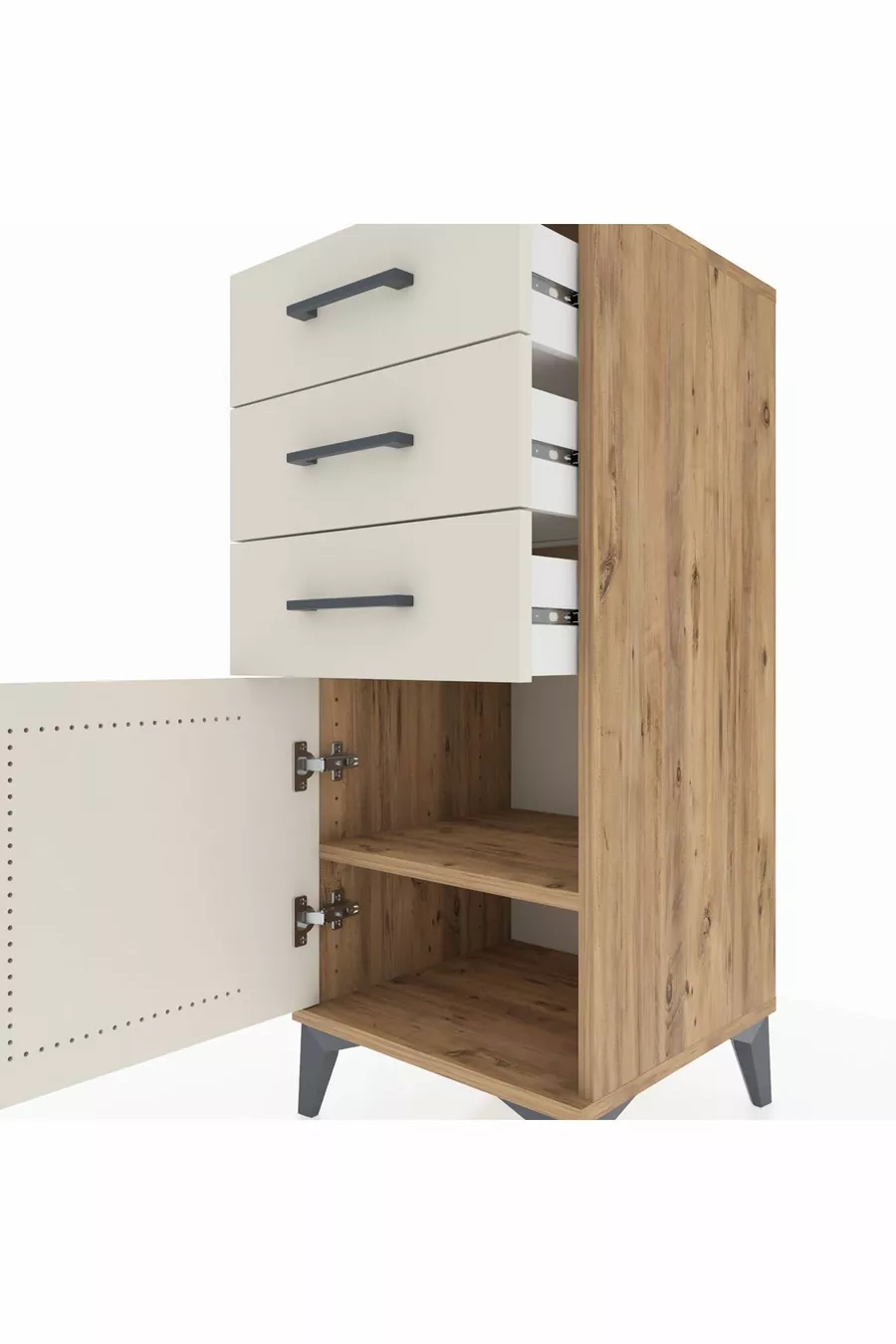 Commode Hyperion avec une étagère, 3 tiroirs et une porte, en pin et travertin