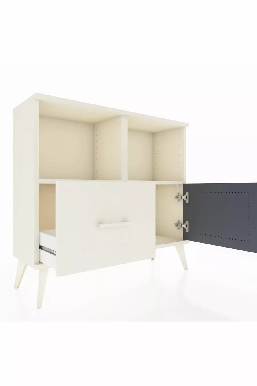 Commode Arges avec 2 étagères, 1 tiroir et 1 porte, couleur Pierre de Lune-Anthracite/Pierre de Lune