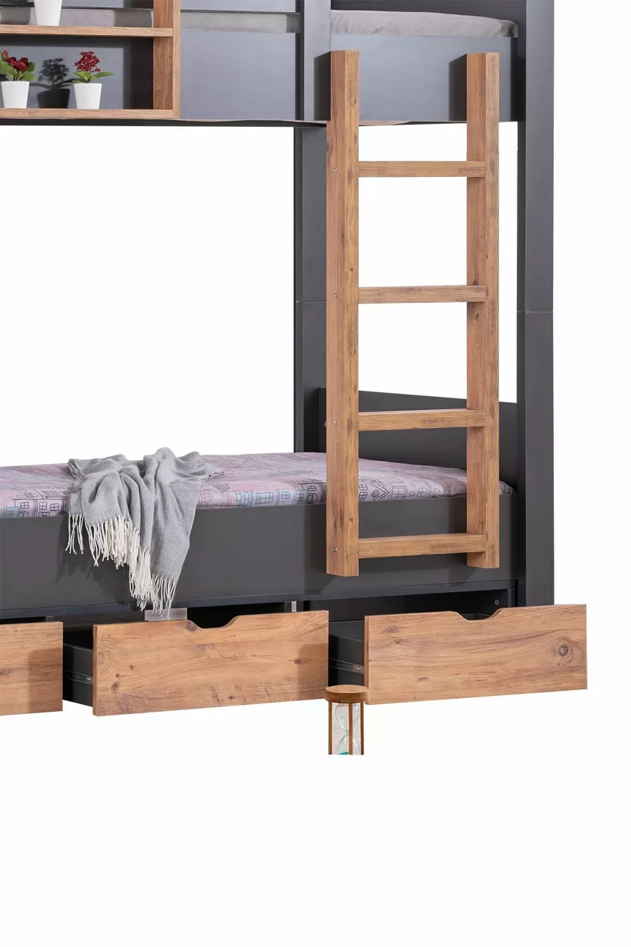 Ranza, Letto a Castello con Cassetti Separabili in Stile Asiatico, 2 Materassi Comfort