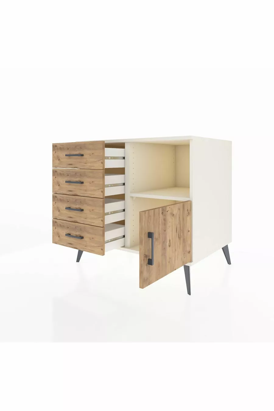 Commode Kronos avec une étagère, 4 tiroirs et une porte, Pierre de Lune-Pin