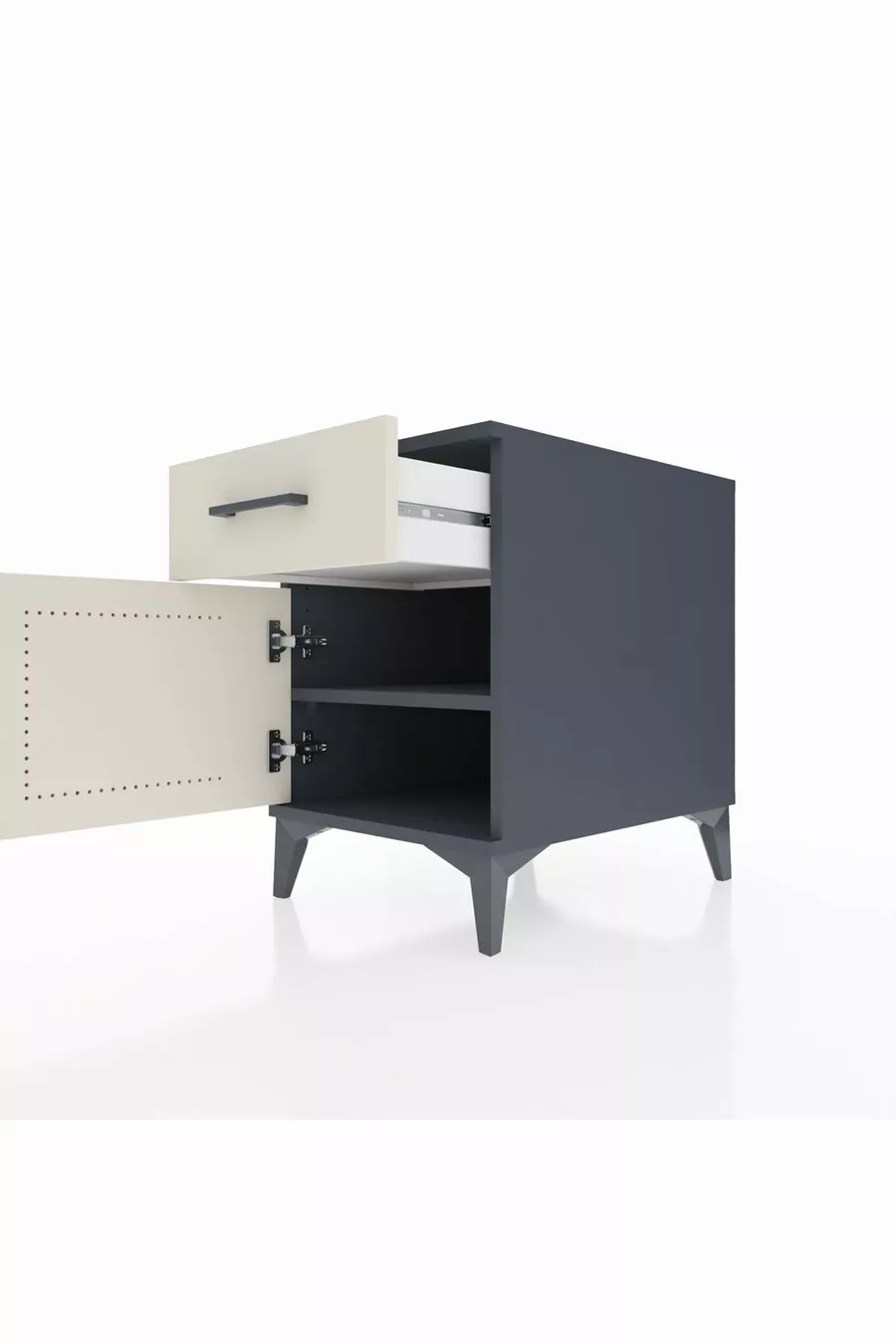 Table de chevet Kronos avec une étagère, un tiroir et une porte, Anthracite-Patine de pierre