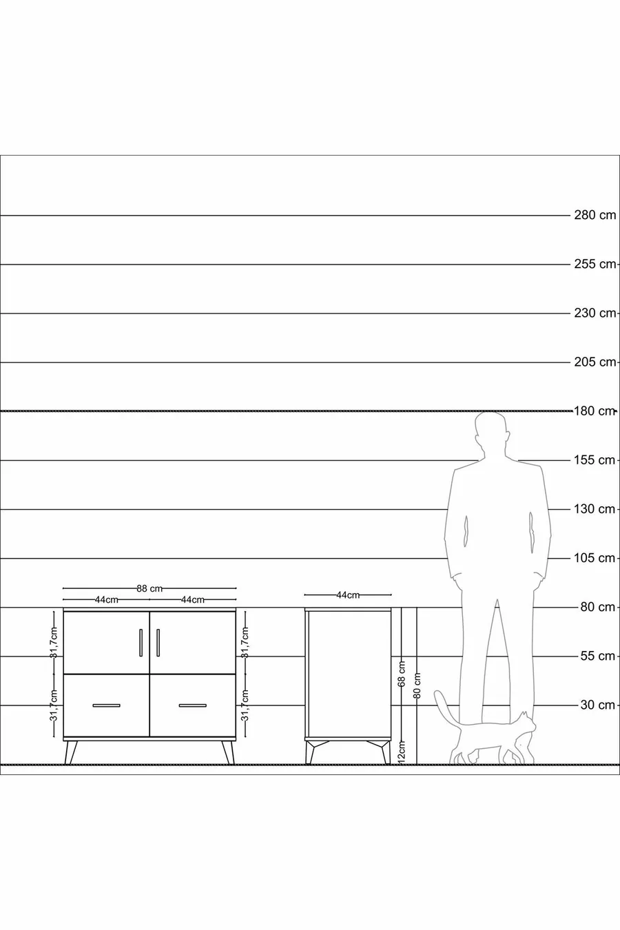 Commode Hyperion avec 2 étagères, 2 tiroirs et 2 portes, Pierre de Lune-Pin