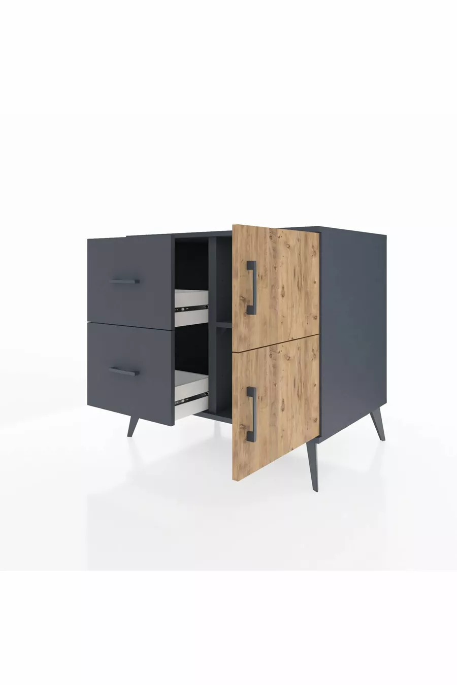 Kronos Comodino con un Ripiano, 2 Cassetti e 2 Ante, Antracite-Pino/Antracite
