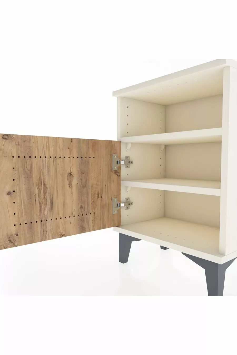 Table de chevet Arges à 2 étagères avec 1 porte, en pierre de lune et pin