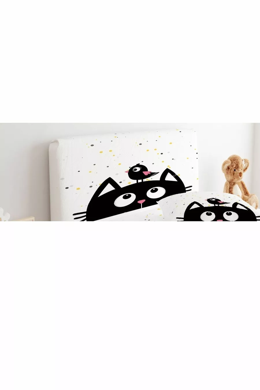 Bed Base Headboard Cover Polka Dot Background and Black Cat