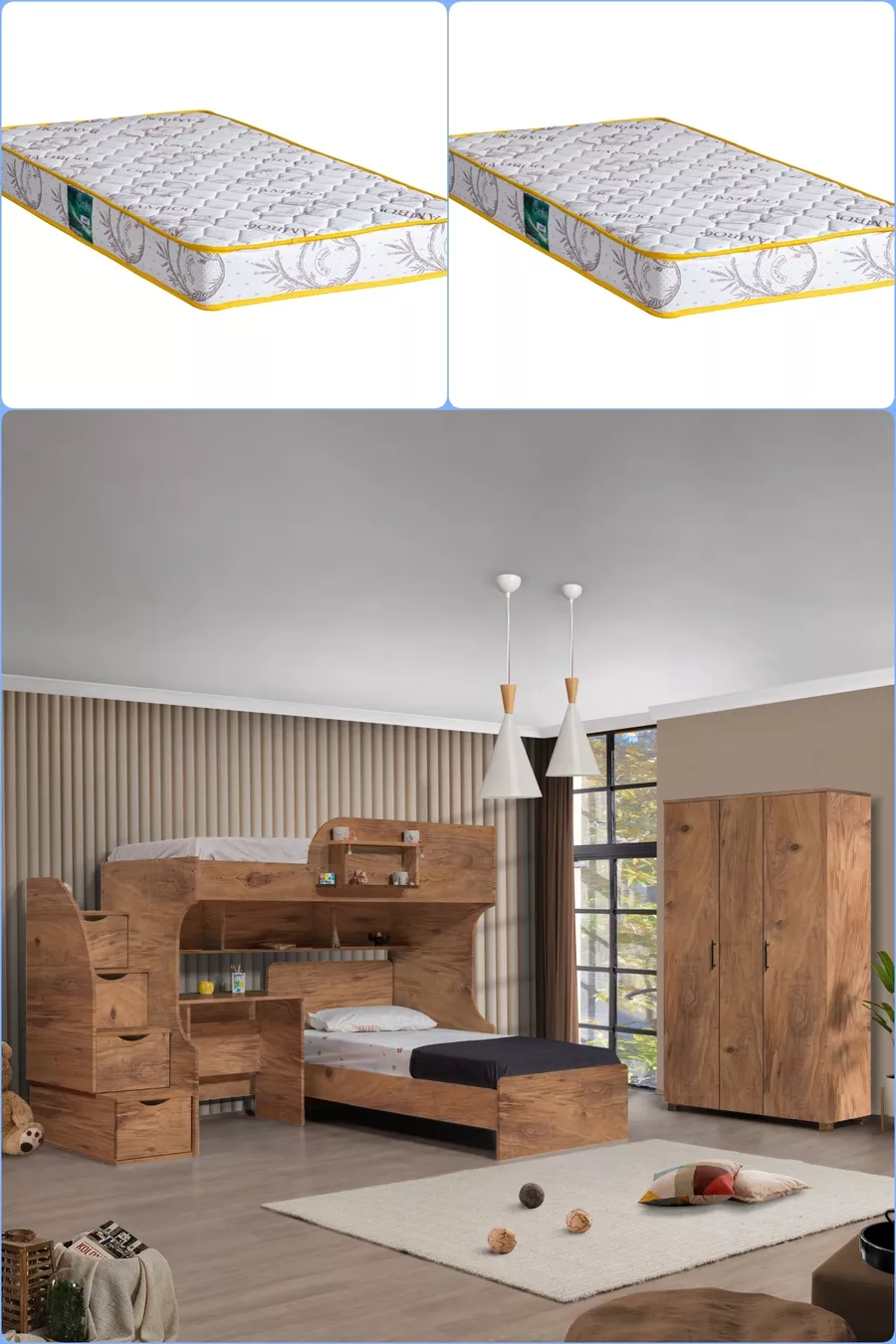 Letto a castello, letto a castello Aura con scrivania, armadio a 3 ante + 2 materassi Comfort