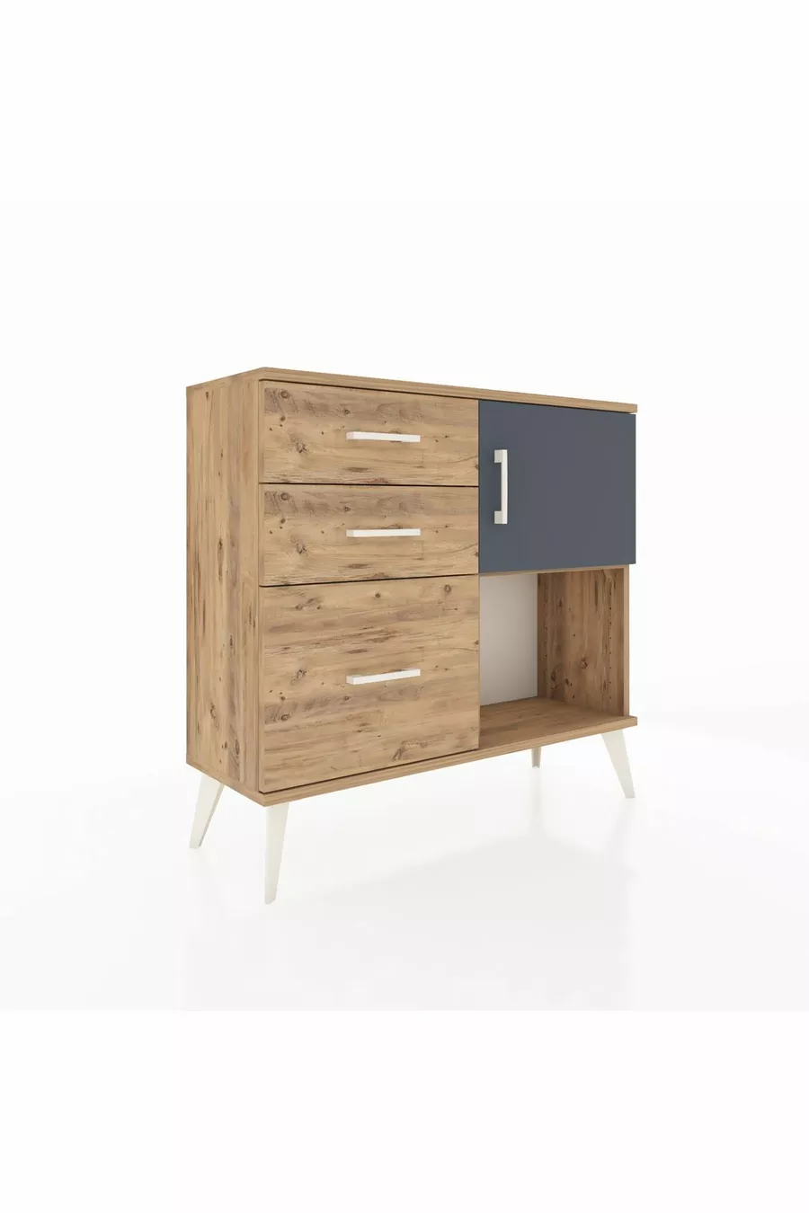Commode Arges avec une étagère, 3 tiroirs et une porte, pin-anthracite/pin