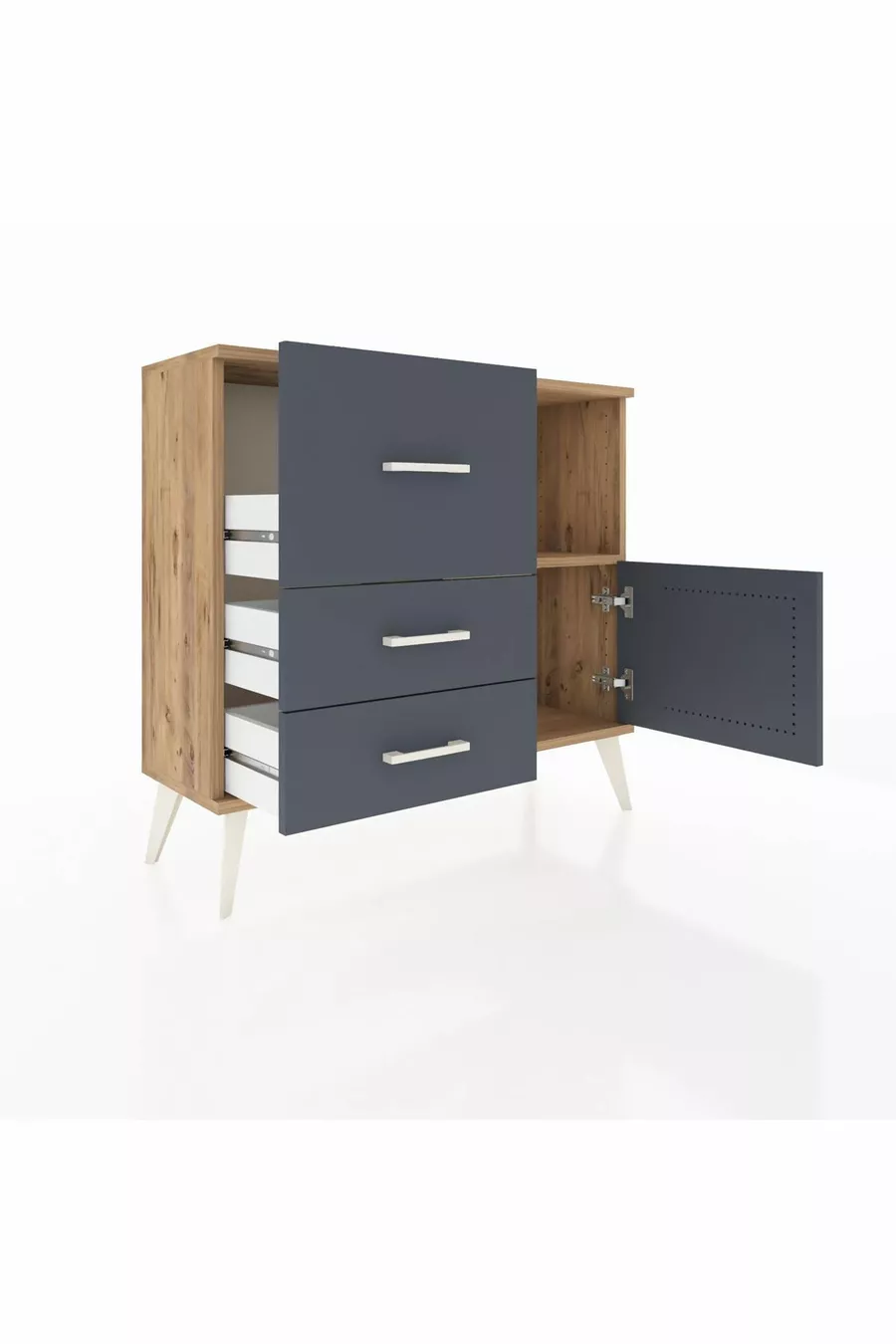 Commode Arges à une étagère, 3 tiroirs et une porte, pin-anthracite