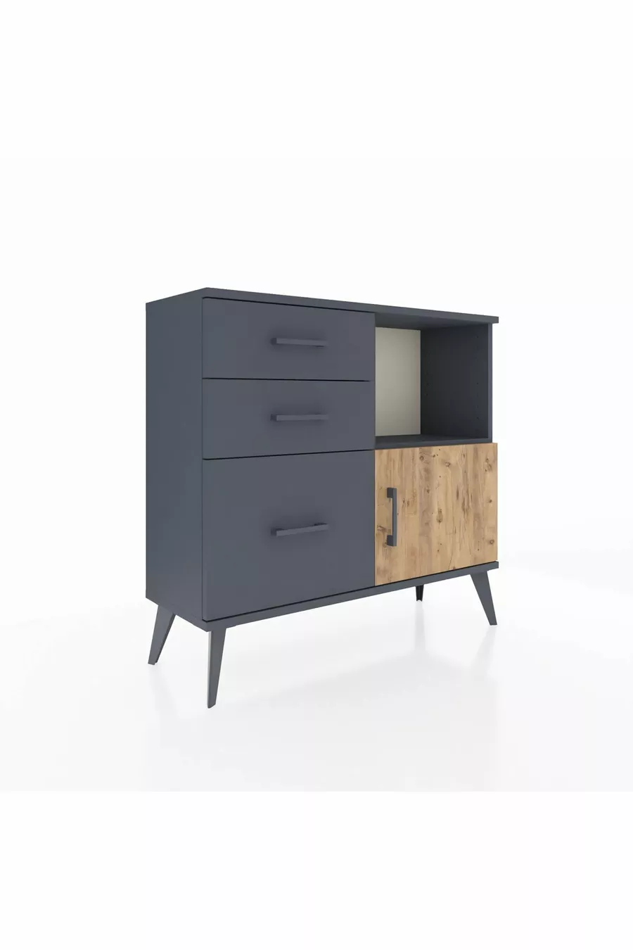 Commode Arges avec une seule étagère, 3 tiroirs et une porte unique Anthracite-Sapin/Anthracite