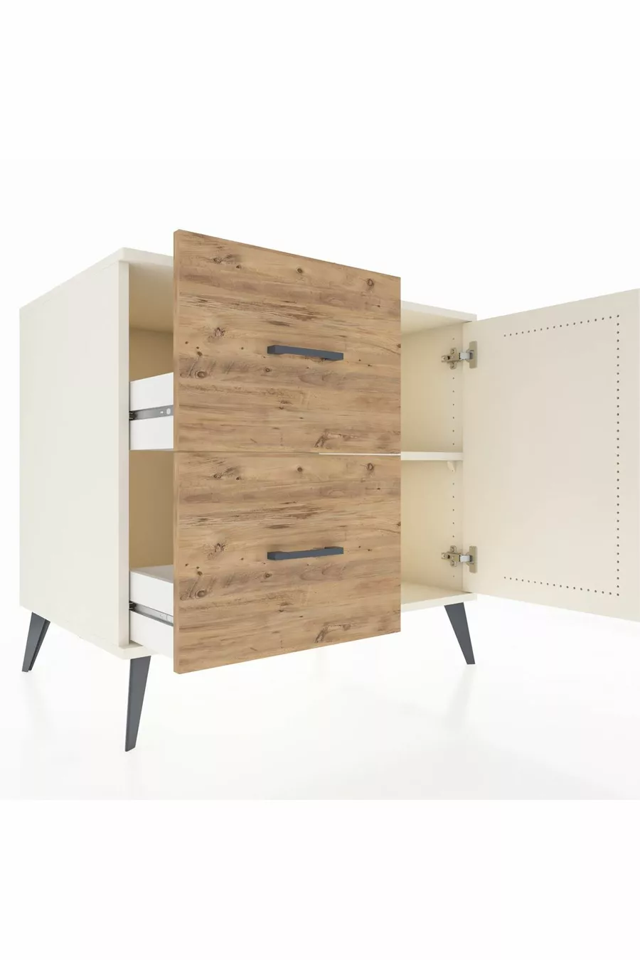 Commode Kronos à une étagère, deux tiroirs et une porte, couleur Pierre de Lune / Pin