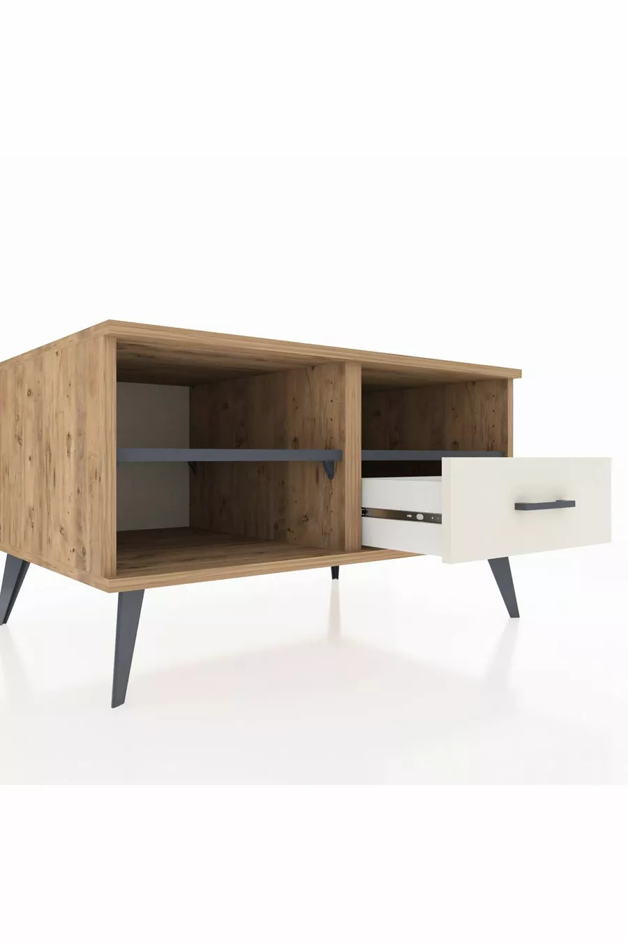 Commode Kronos à 2 étagères et 1 tiroir, en pin-anthracite/gris pierre