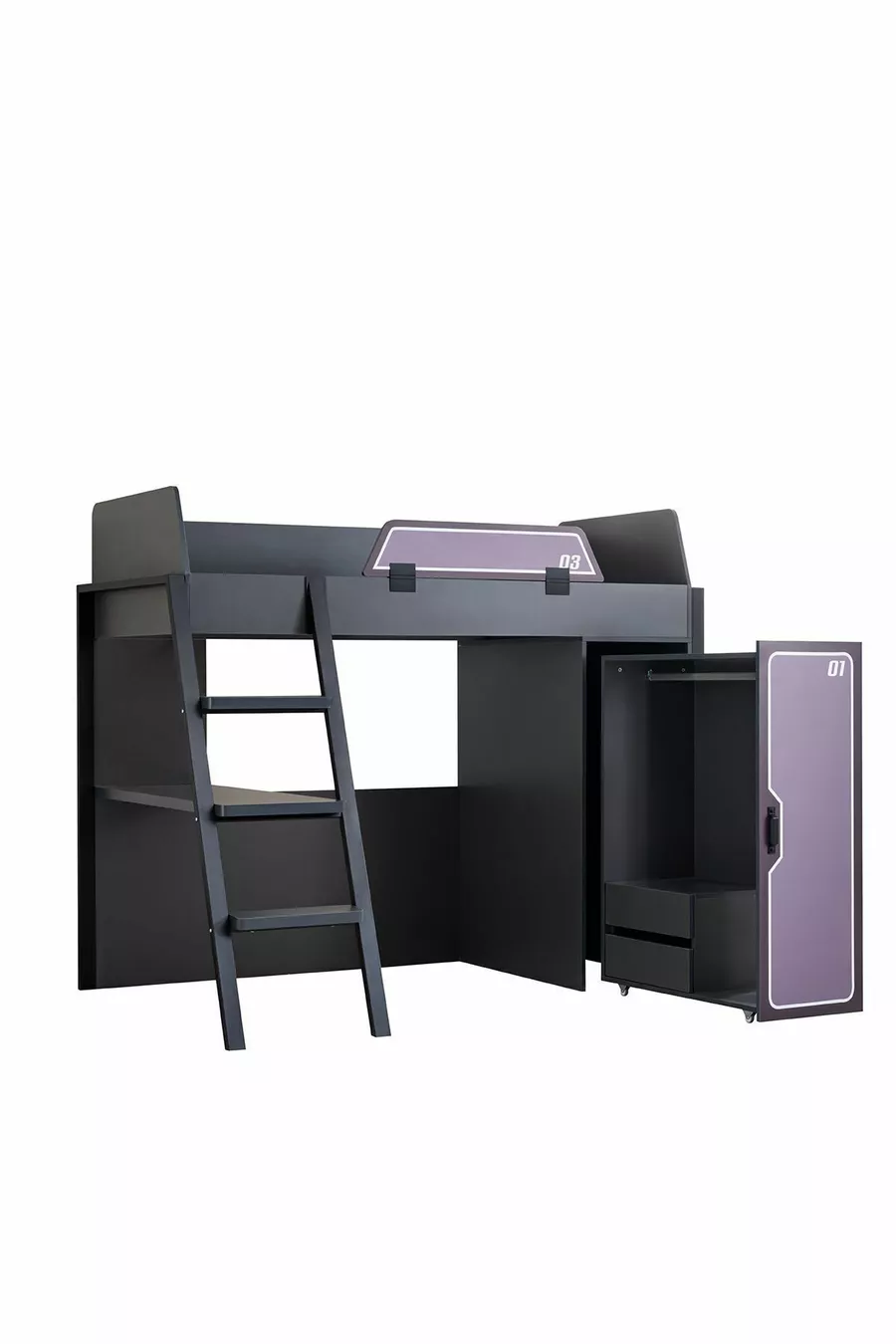 Chambre de joueur avec lit superposé, lits mezzanine Gamer avec LED, bureau et armoire
