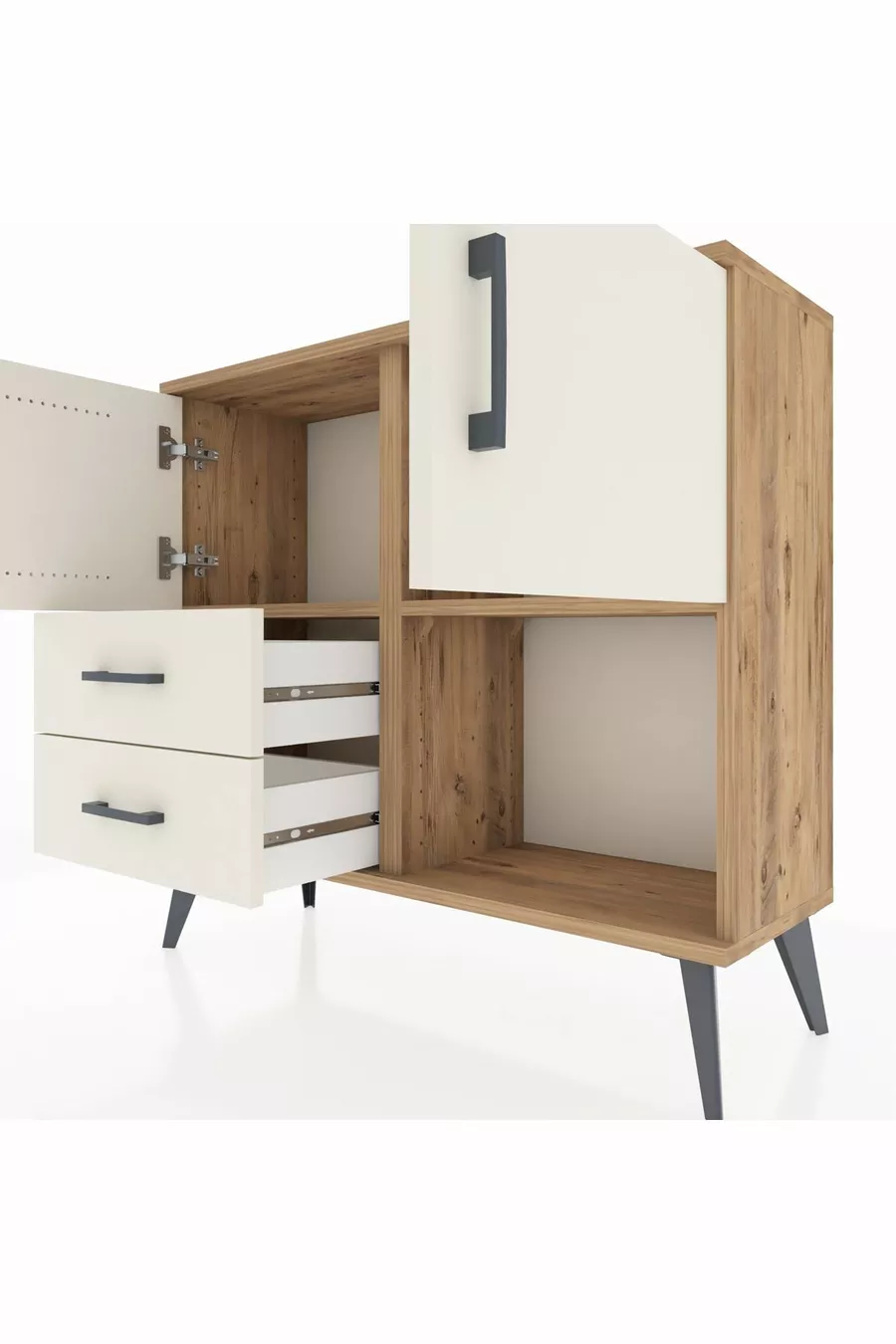 Commode Arges avec 2 étagères, 2 tiroirs et 2 portes, en pin et pierre d'agate