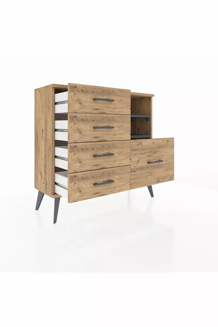Commode Arges 2 étagères 5 tiroirs Pin-Anthracite/Pin