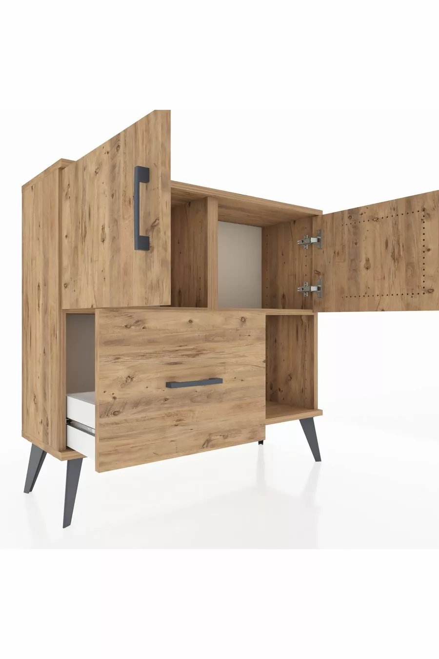 Commode Arges avec 2 étagères, 1 tiroir et 2 portes, en pin