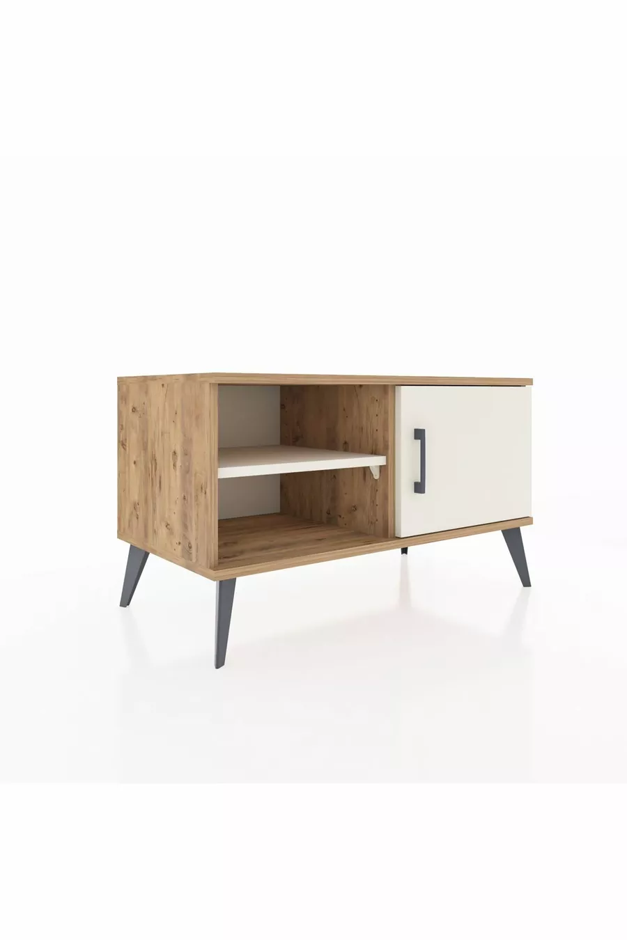 Commode Hyperion à 2 étagères avec porte unique en pin et travertin