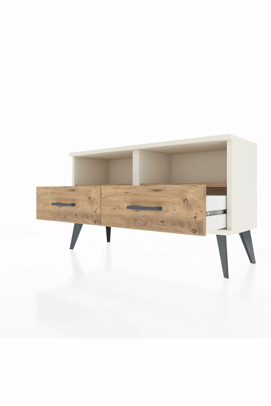 Commode Arges avec 2 étagères et 2 tiroirs, couleur Pierre de Lune-Pin