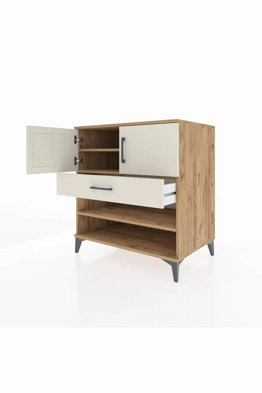 Commode Kronos 3 étagères 1 tiroir 2 portes Pin-Gris