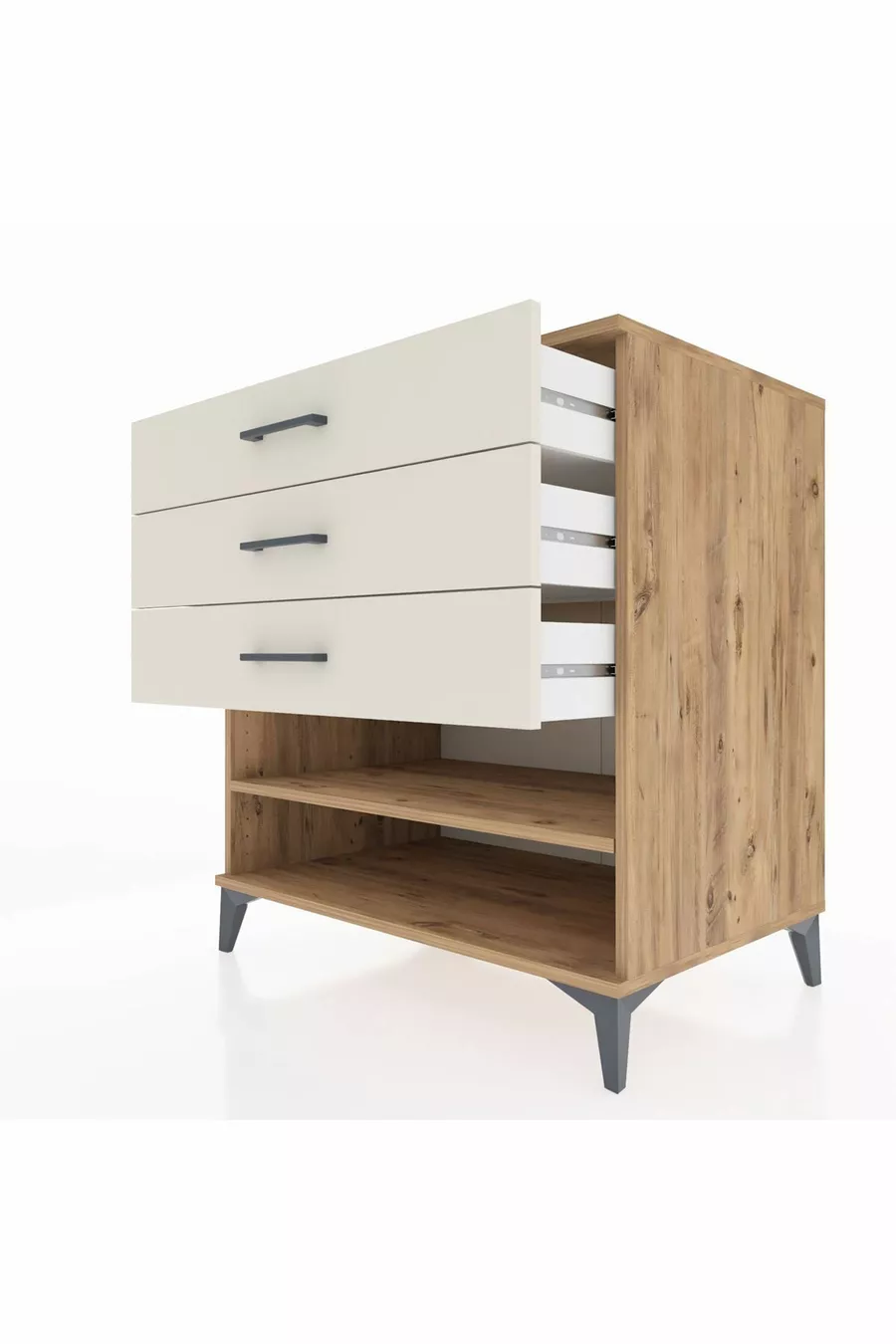 Commode Kronos à une étagère et 3 tiroirs en pin et pierre de lave