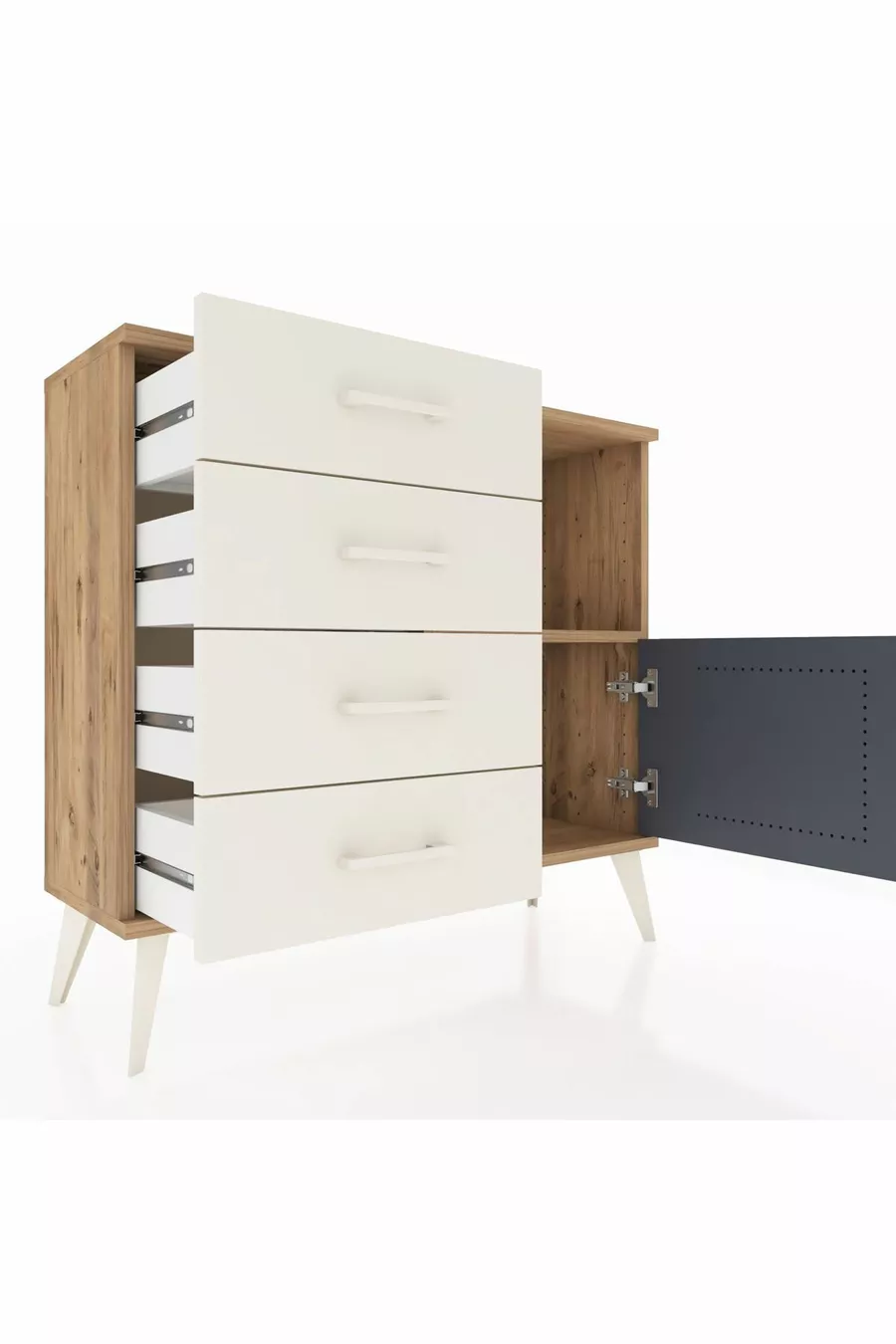Commode Arges avec une étagère, 4 tiroirs et une porte, pin-anthracite/pierre de lune