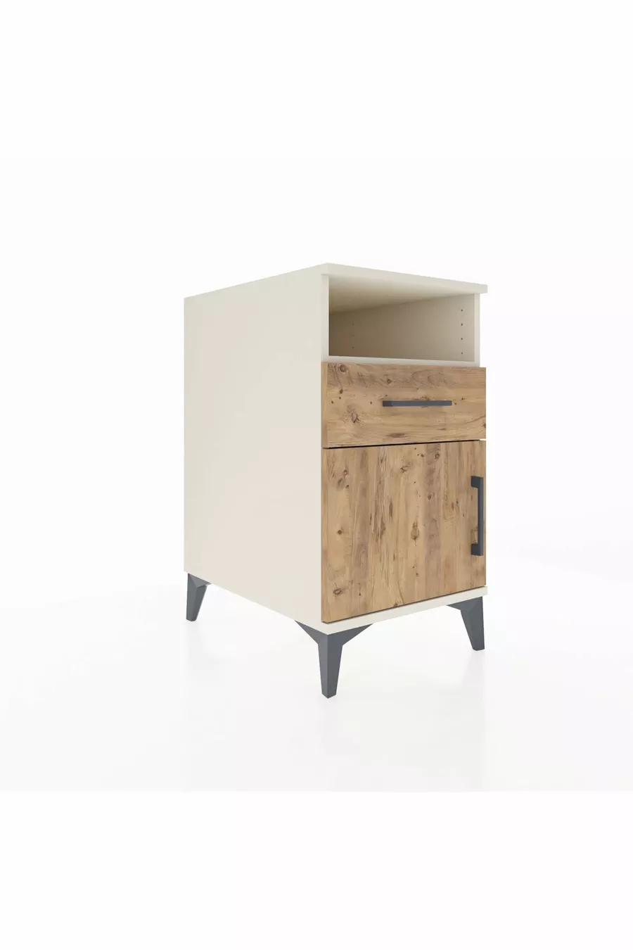 Table de chevet Kronos avec une étagère, un tiroir et une porte, Ambre-Débord