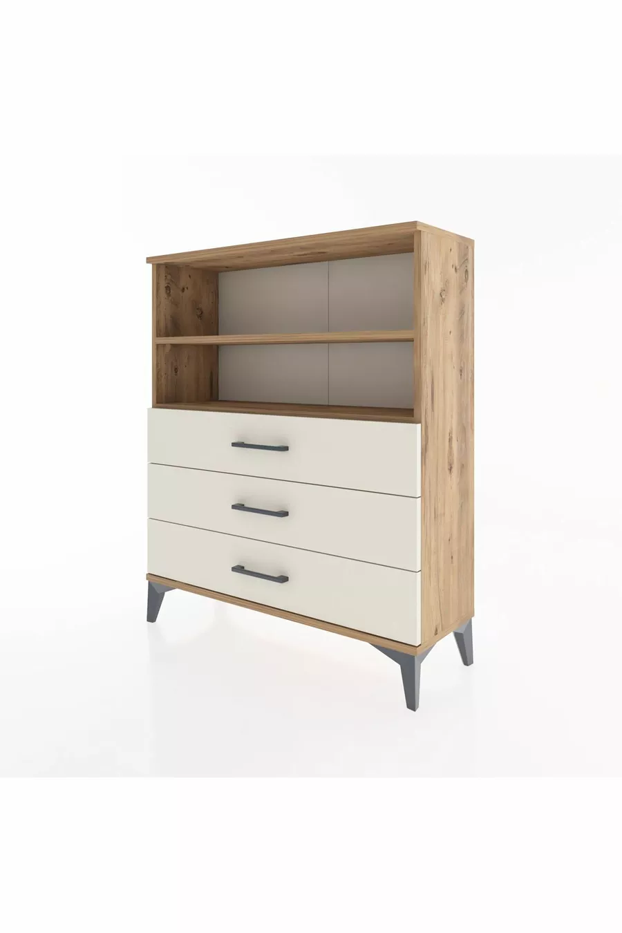 Commode Arges 2 étagères 3 tiroirs Pin-Pierre de lave