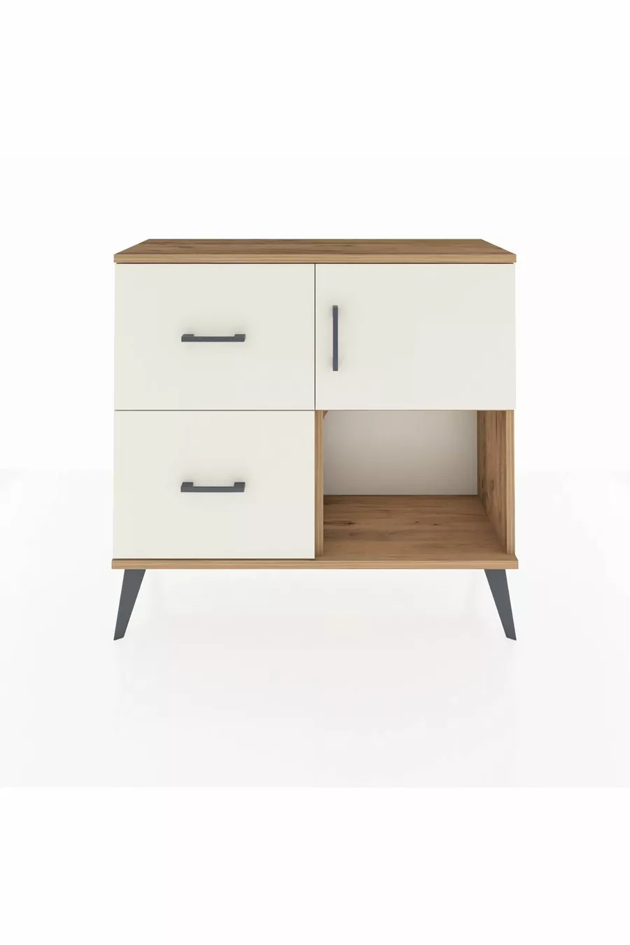 Commode Arges à une étagère, 2 tiroirs et une porte, pin et pierre de batte