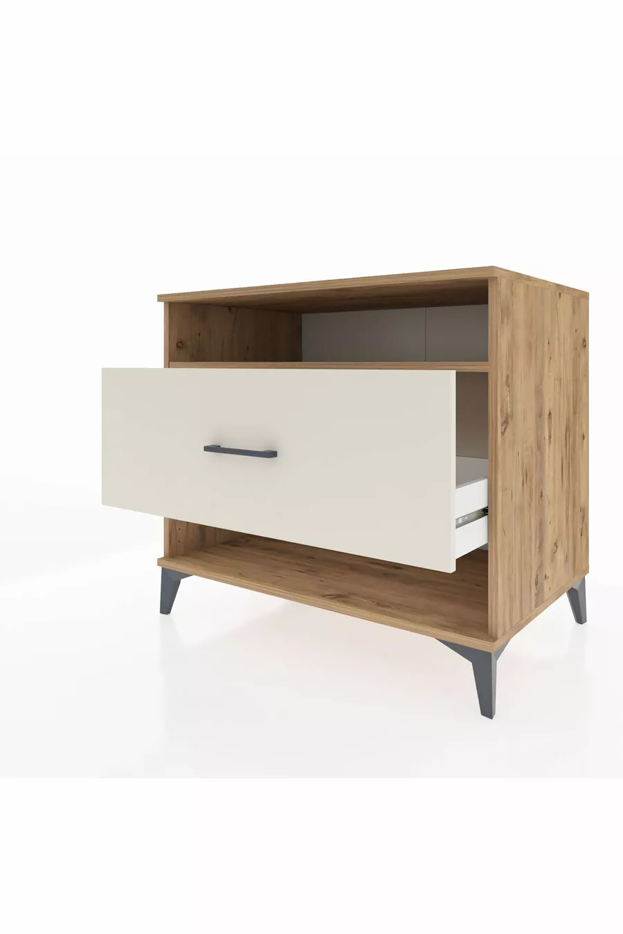 Commode Kronos à une étagère et un tiroir, en pin et travertin