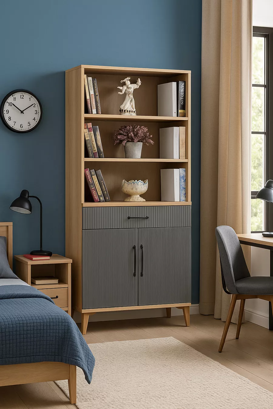 Set Comò con Ante Ege & Libreria | Corpo in MDF | Gambe in Legno | Moderno e Funzionale