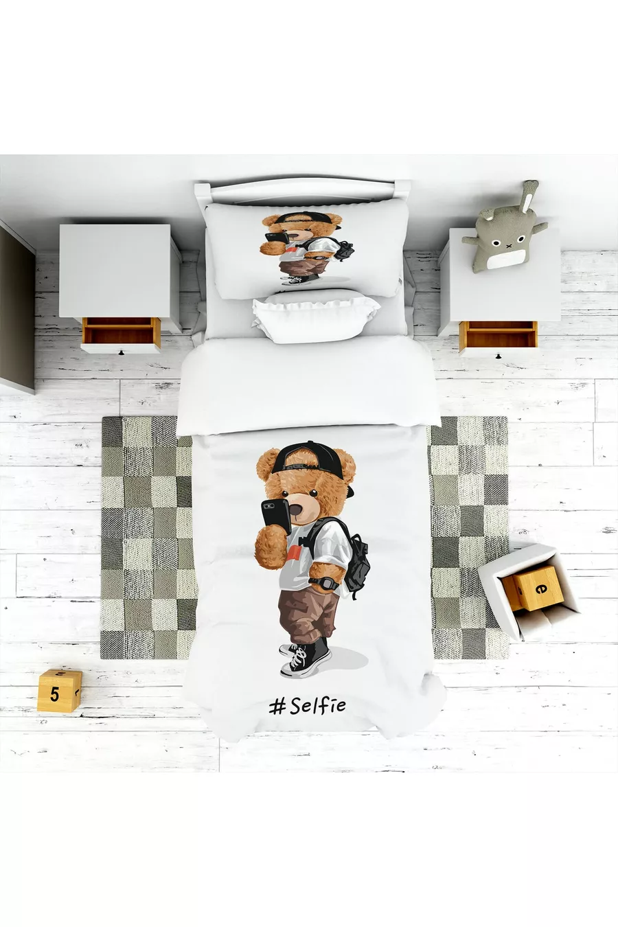 Digitale Print Teddy Kinderkamer Set (gordijn, beddengoed en kussen, tapijt)