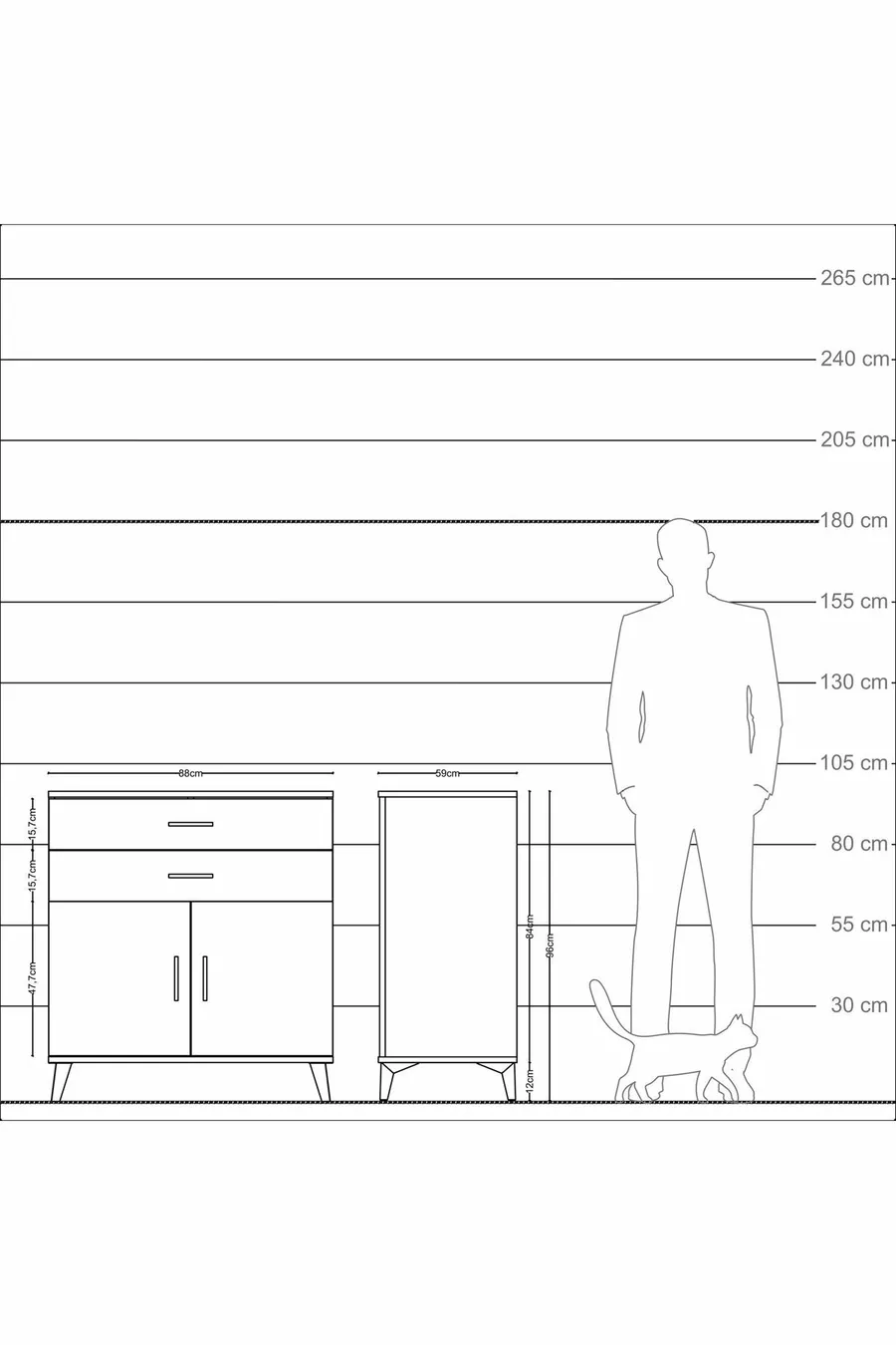 Kronos Kommode mit einem Regal, 2 Schubladen und 2 Türen, Anthrazit-Steinfarbe
