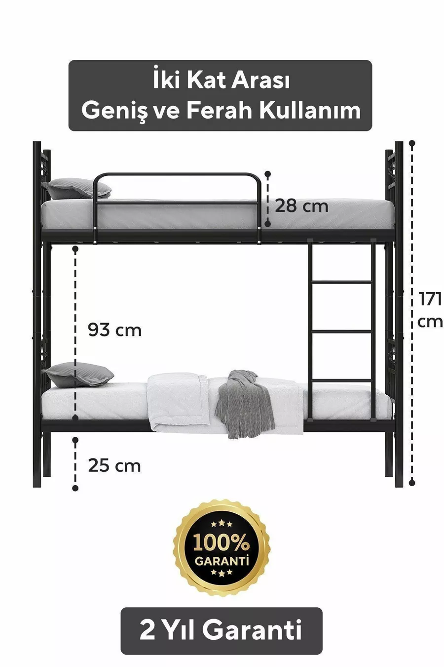 Koza Ranza Black Convertible Metal Bunk Bed Compatible with Mattress