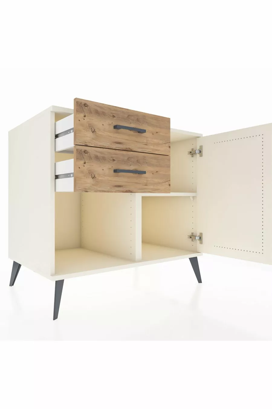 Commode Kronos à une étagère, 2 tiroirs et une porte, Pierre de Lune / Pin