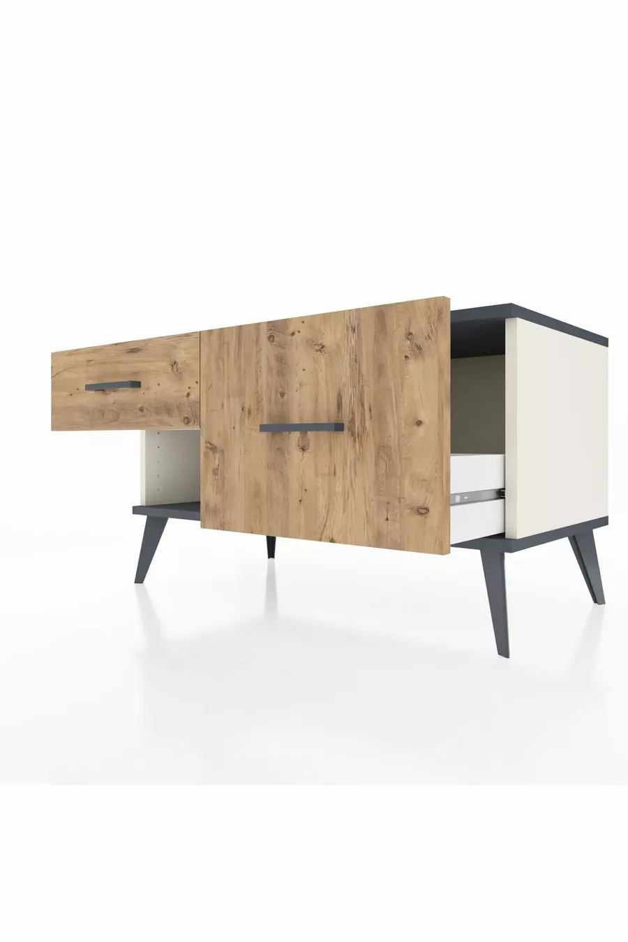 Commode Hyperion 2 tiroirs Pierre de lune-Anthracite/Sapin