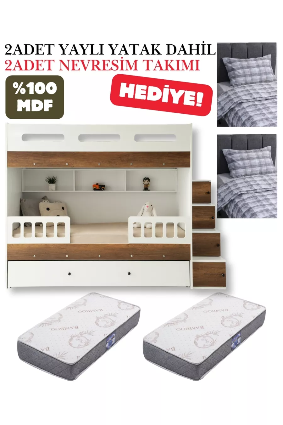 Letto a castello Berlin / % MDF / 2 letti a molle in bambù / 2 set di biancheria da letto in omaggio