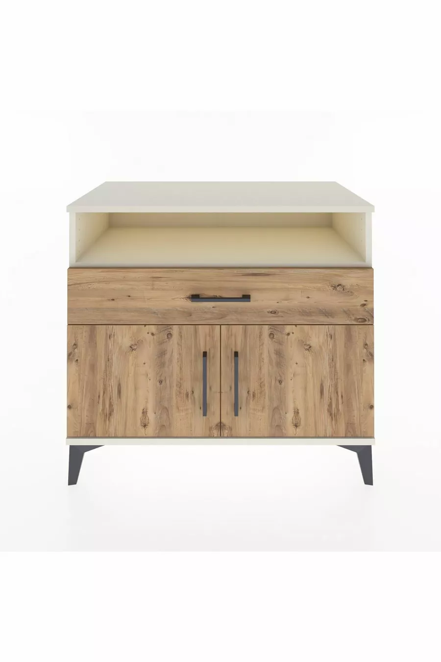 Commode Hyperion à une étagère, un tiroir et deux portes, Ambre-Débord de pin