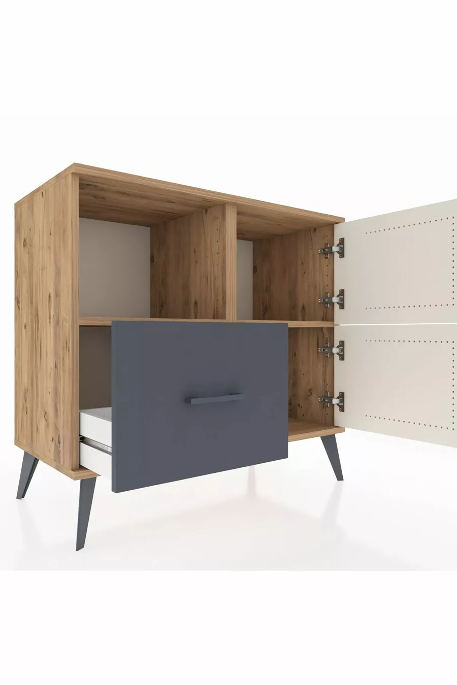 Commode Hyperion avec 2 étagères, 1 tiroir et 2 portes, en pin et gris anthracite