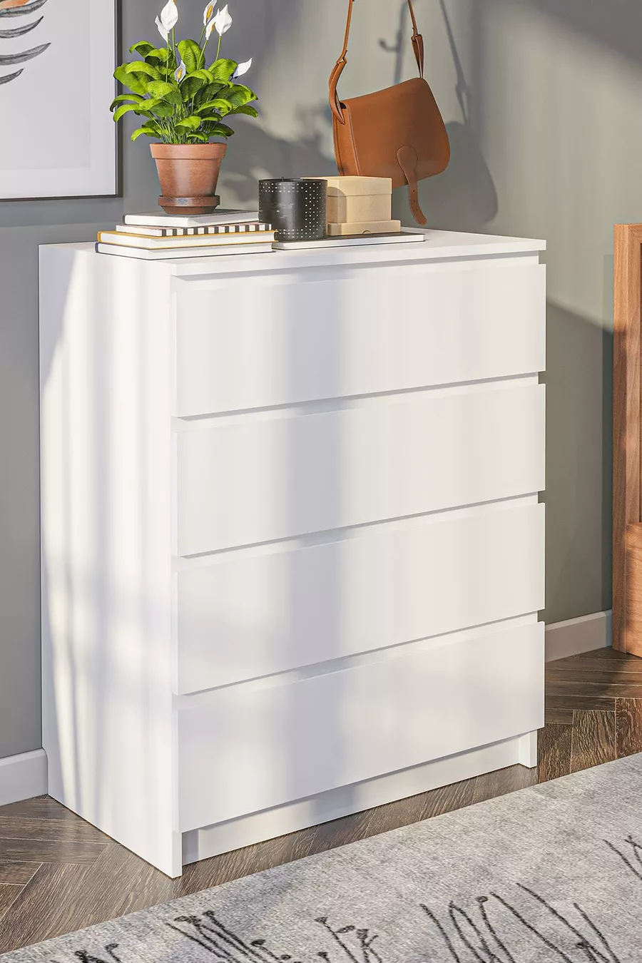 Commode Derinkuyu à 4 tiroirs pour chambre à coucher ou chambre de bébé en blanc