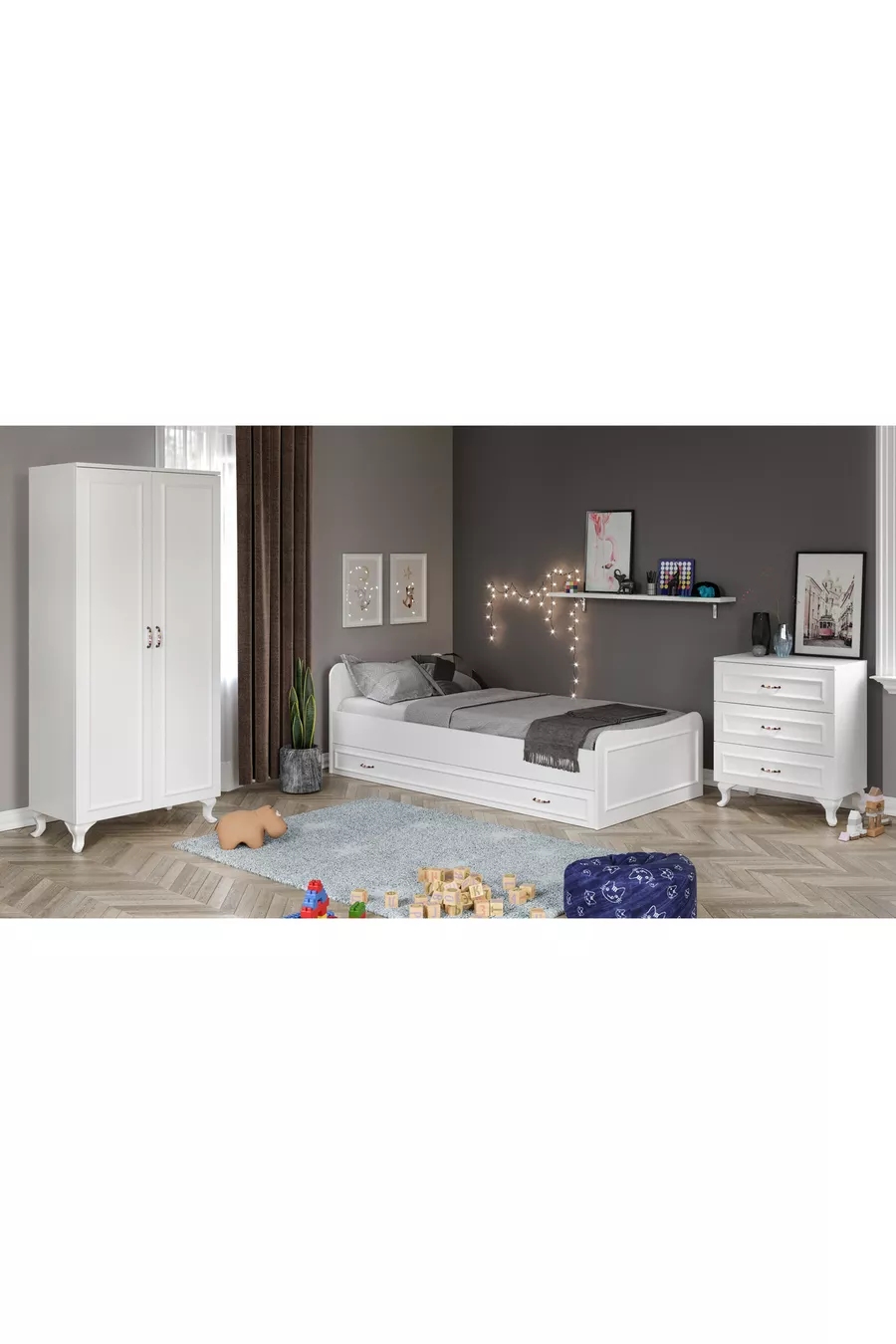 Ensemble de chambre Kartopu Country - Lit avec tiroirs, armoire à 2 portes, commode à 3 tiroirs en MDF