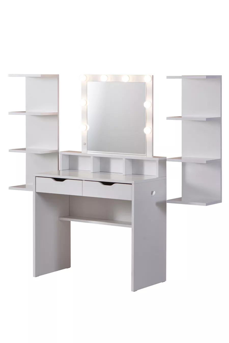 Coiffeuse Diva Hollywood avec miroir éclairé à LED, tiroir, table de maquillage de coulisse et étagère murale, blanche