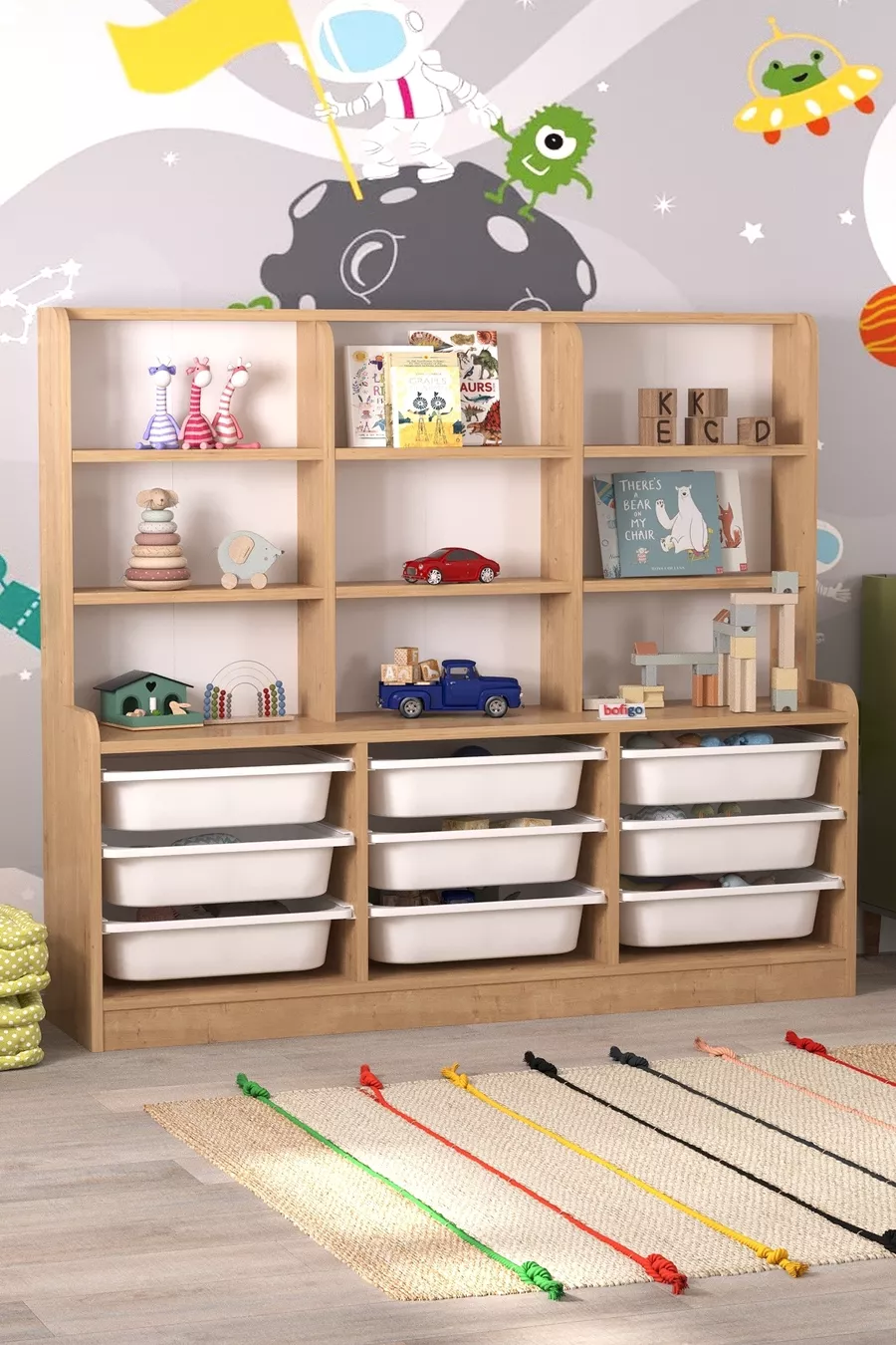 9-Basket 9-Shelf Cabinet Multi-Purpose Cabinet Toy Cabinet Almina Sapphire Oak