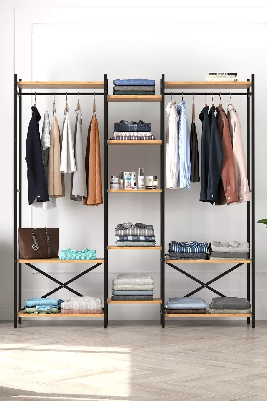 -Shelf Metal Wardrobe Metal Hall Stand Open Wardrobe Clothes Cabinet Coat Rack Openix Pine