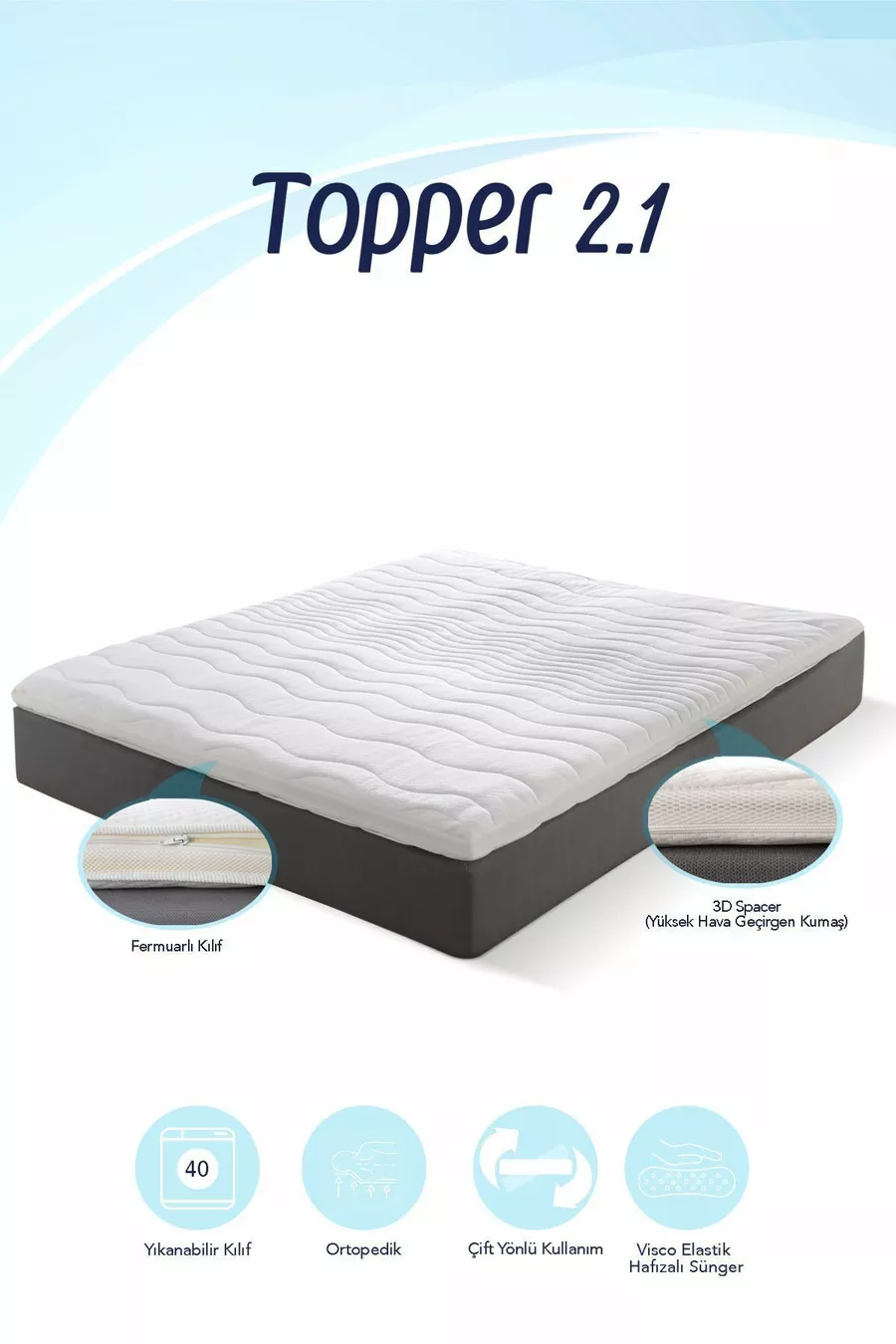 Topper 2.1 - Coussin de lit en viscoélastique - Mousse à mémoire douce à 100% viscoélastique - Housse lavable avec fermeture éclair