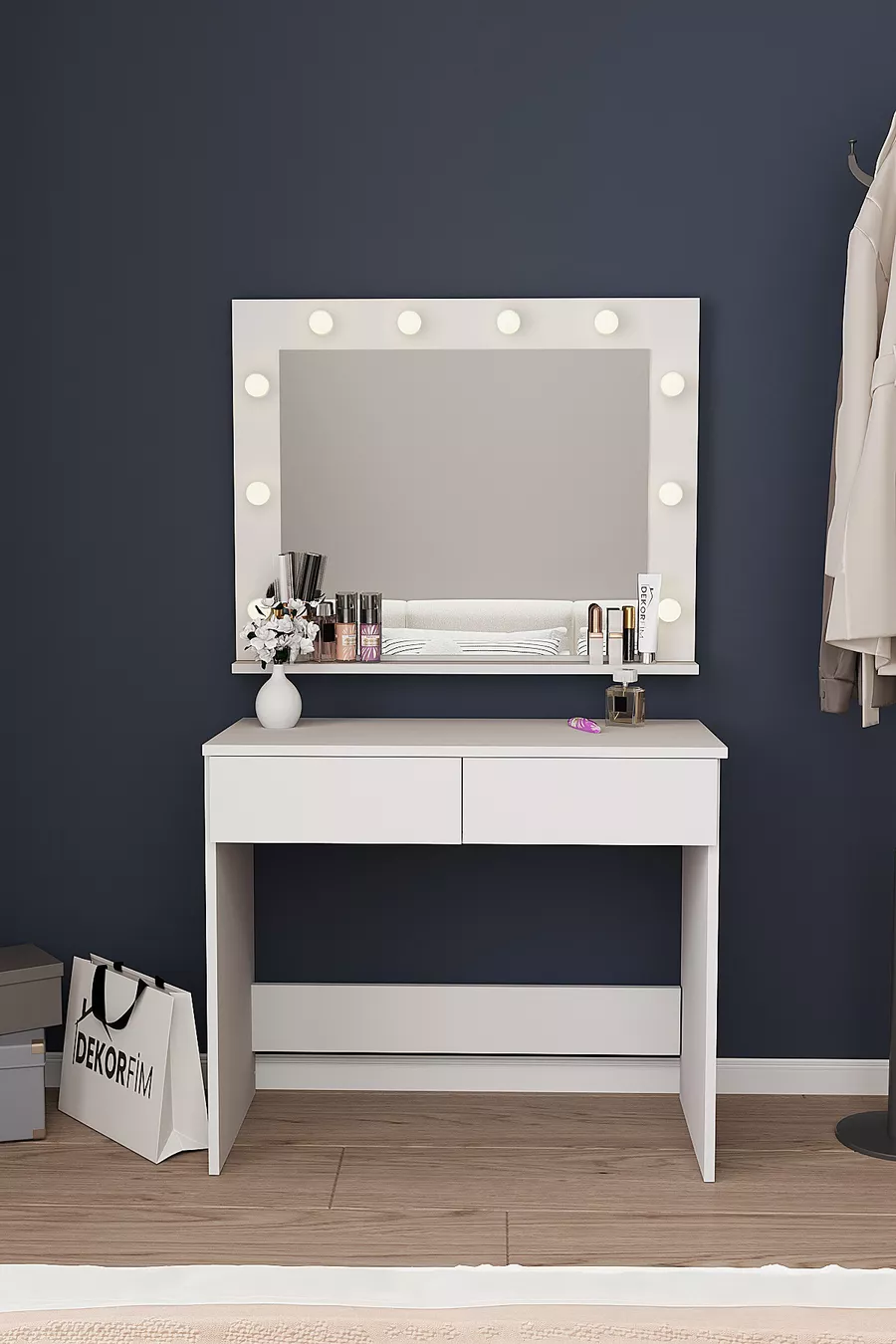 B LED Işıklı Aynalı Holywood Makyaj Masası, Bölmeli Çekmeceli Organizer Kozmetik Masası