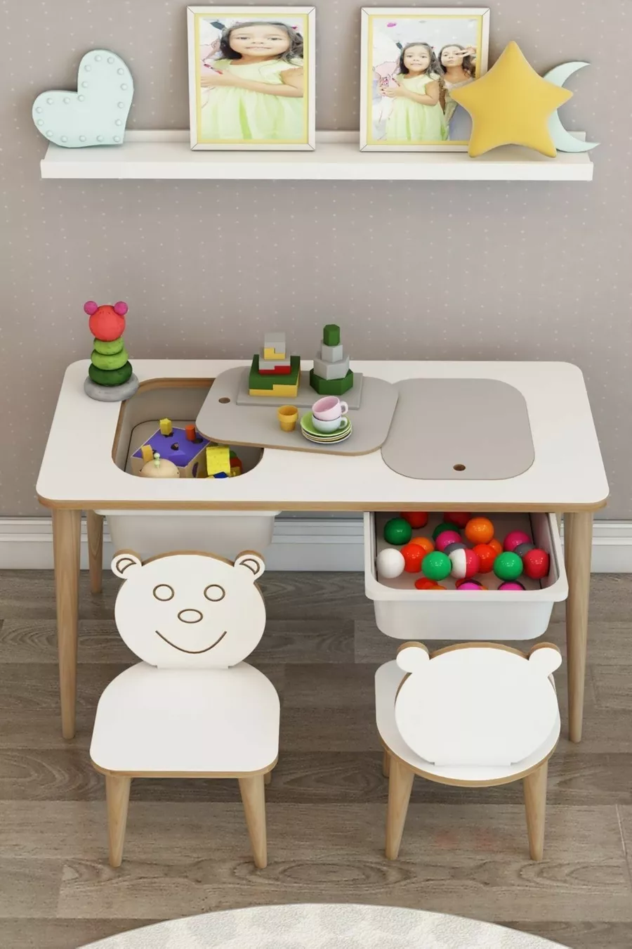 Kinderbureau Speel- en Activiteitentafel Zomer-Winter Dubbele Tafel met Stoelen