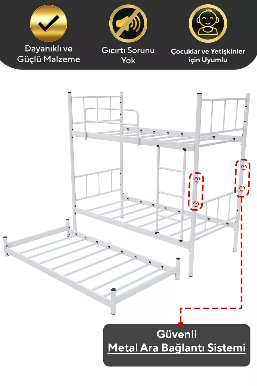 Lit superposé Tekno avec tiroirs, compatible lit, pour 3 personnes, en métal blanc