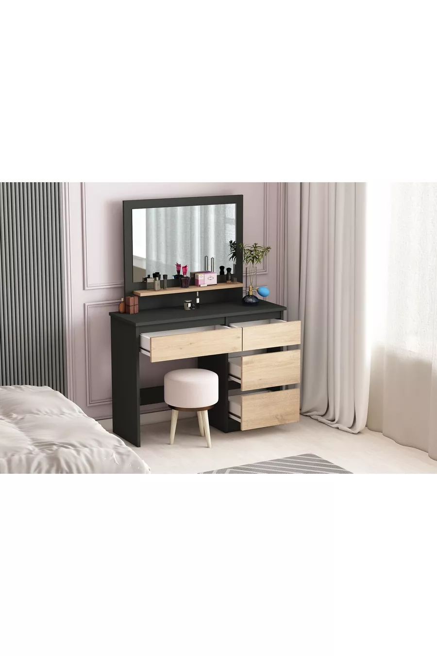 Duru Makeup Table, 4 Drawers, With Mirror, Shelves, Anthracite - Atlantic Pine