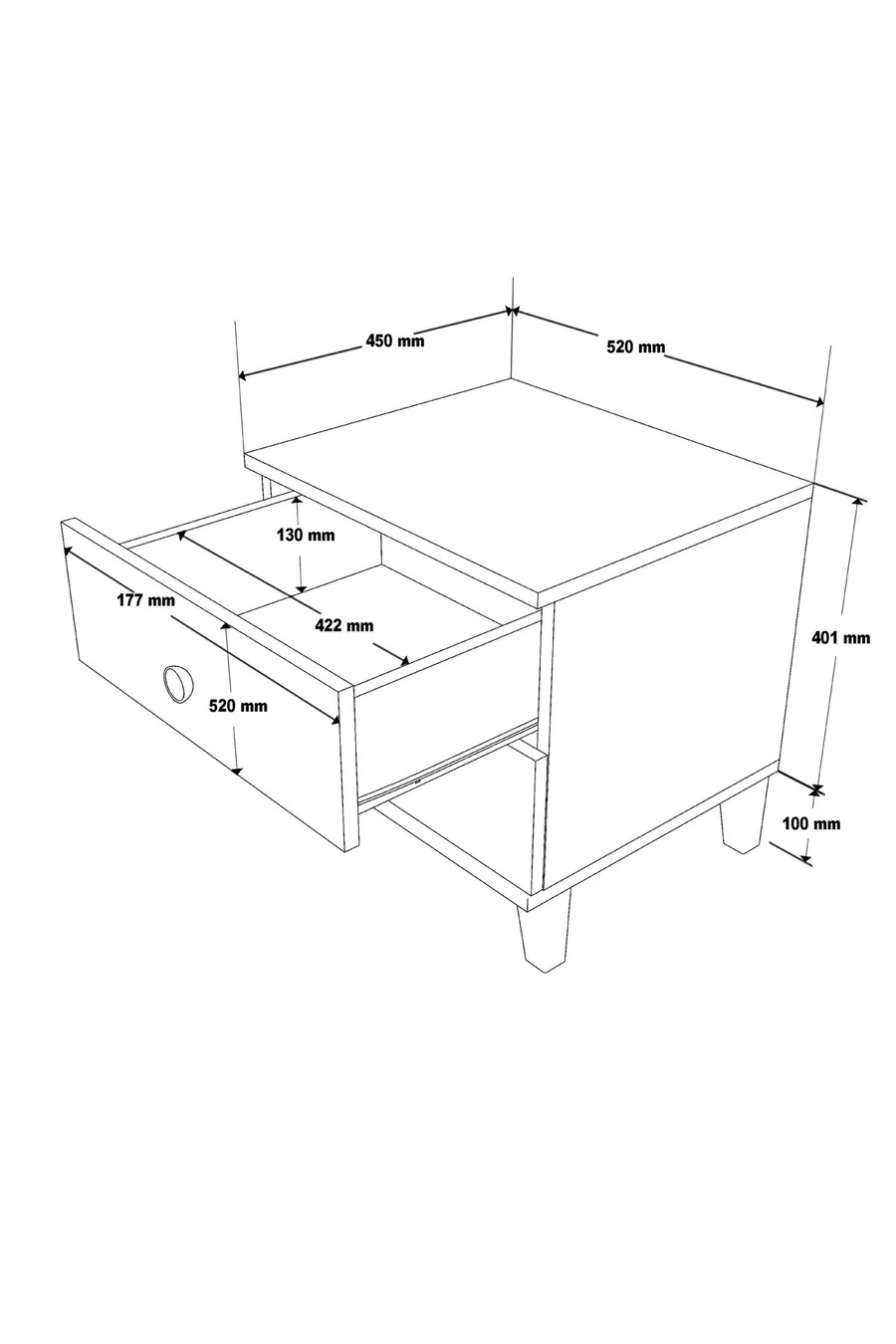 Table de chevet VENTO à 2 tiroirs avec panier - Blanc