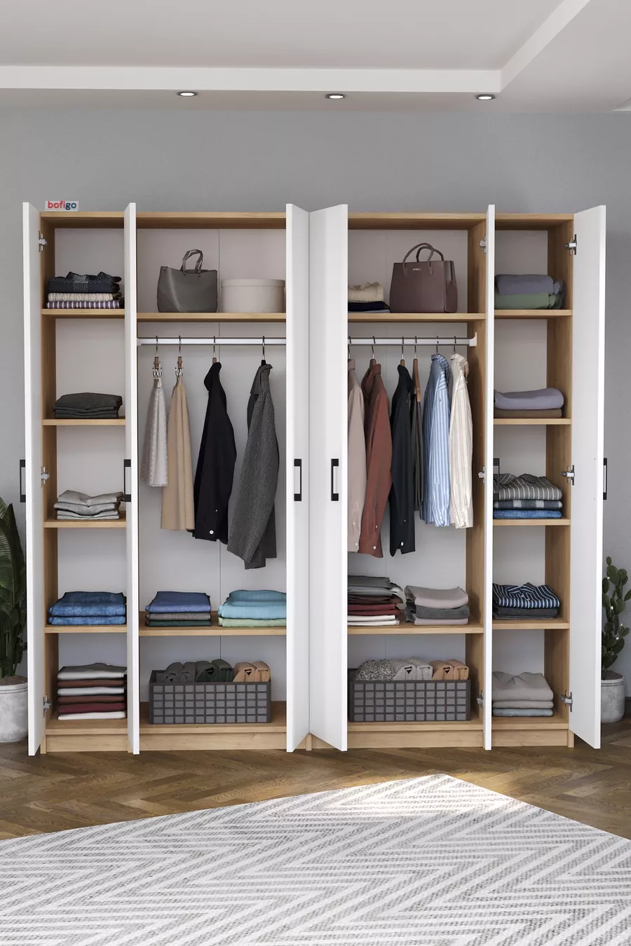 6 Kapaklı  Raflı Gardırop Elbise Dolabı 6 Kapaklı Gardırop Smyrna Safir Meşe Beyaz